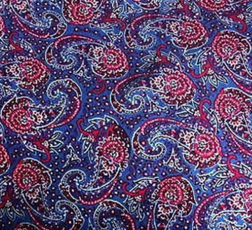 Patterned fabric with red and blue paisley design