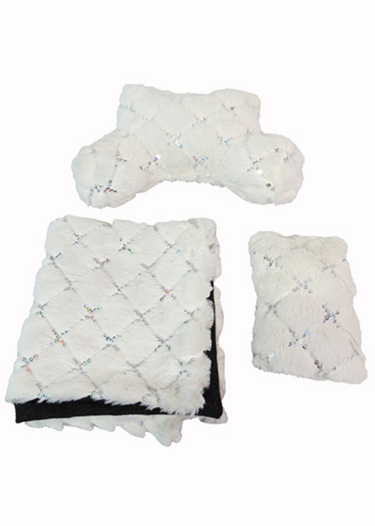 White Fur & Silver Sequin Bed Set