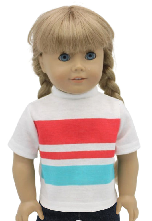 White Tee w/ Red & Teal Stripes